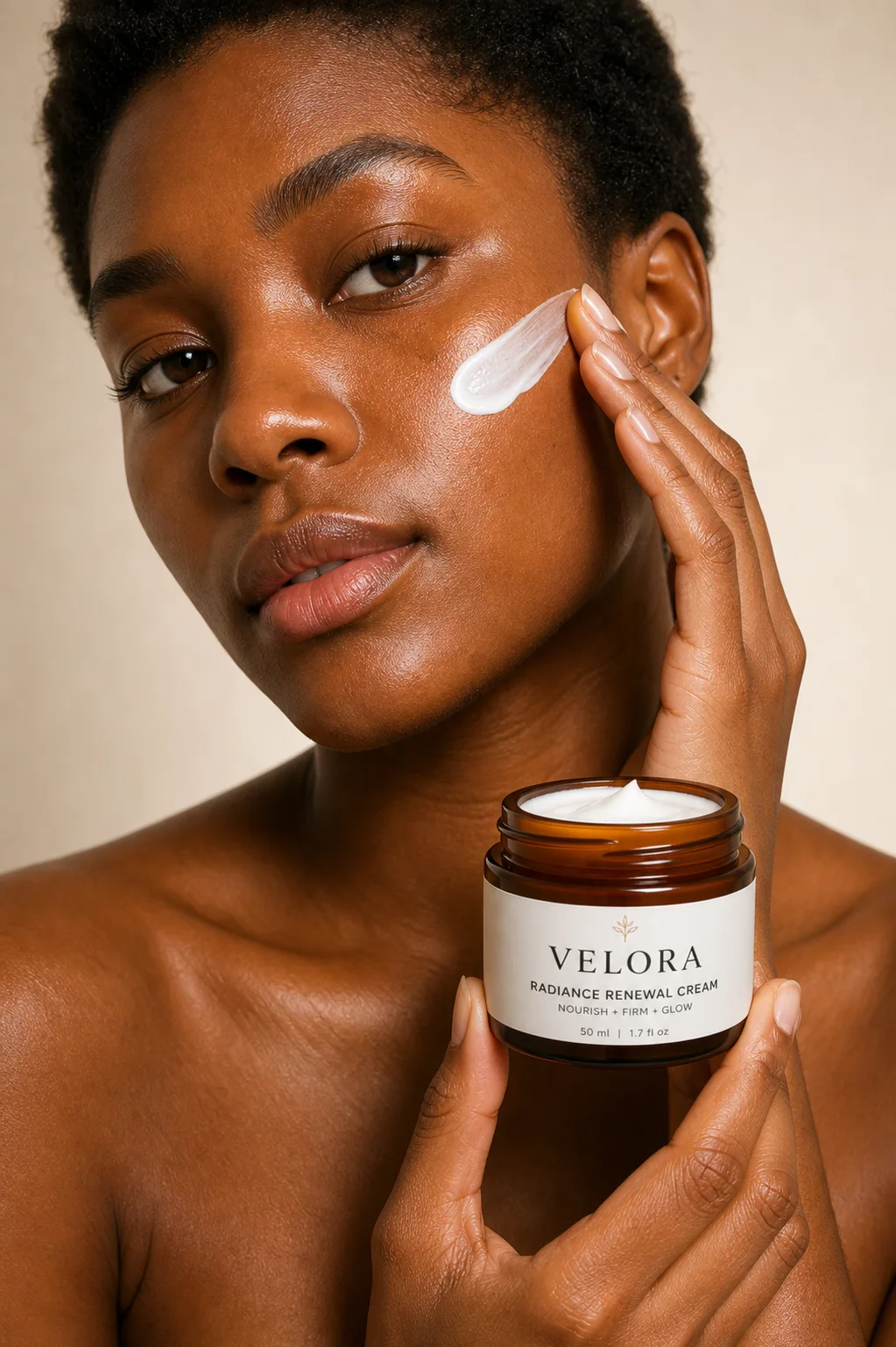 Velora skincare creative derivative with a different model