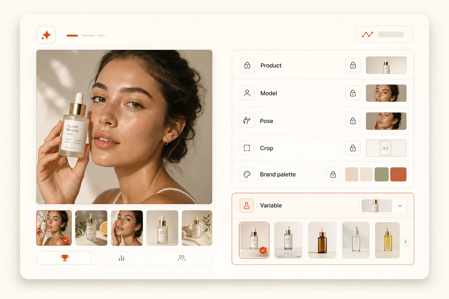 AdStyle control builder interface showing locked product, model, pose, crop, and brand variables.