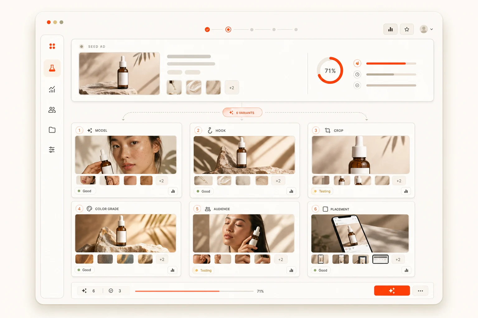 AdStyle variant lab interface showing a seed ad expanded into controlled creative variants.