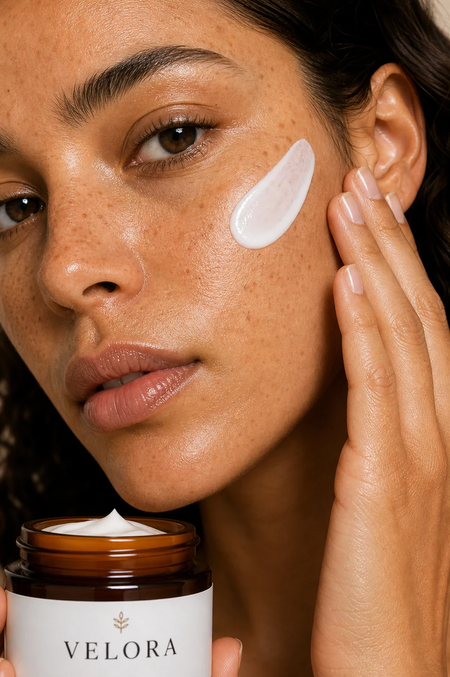 Velora skincare creative derivative with a close-up crop