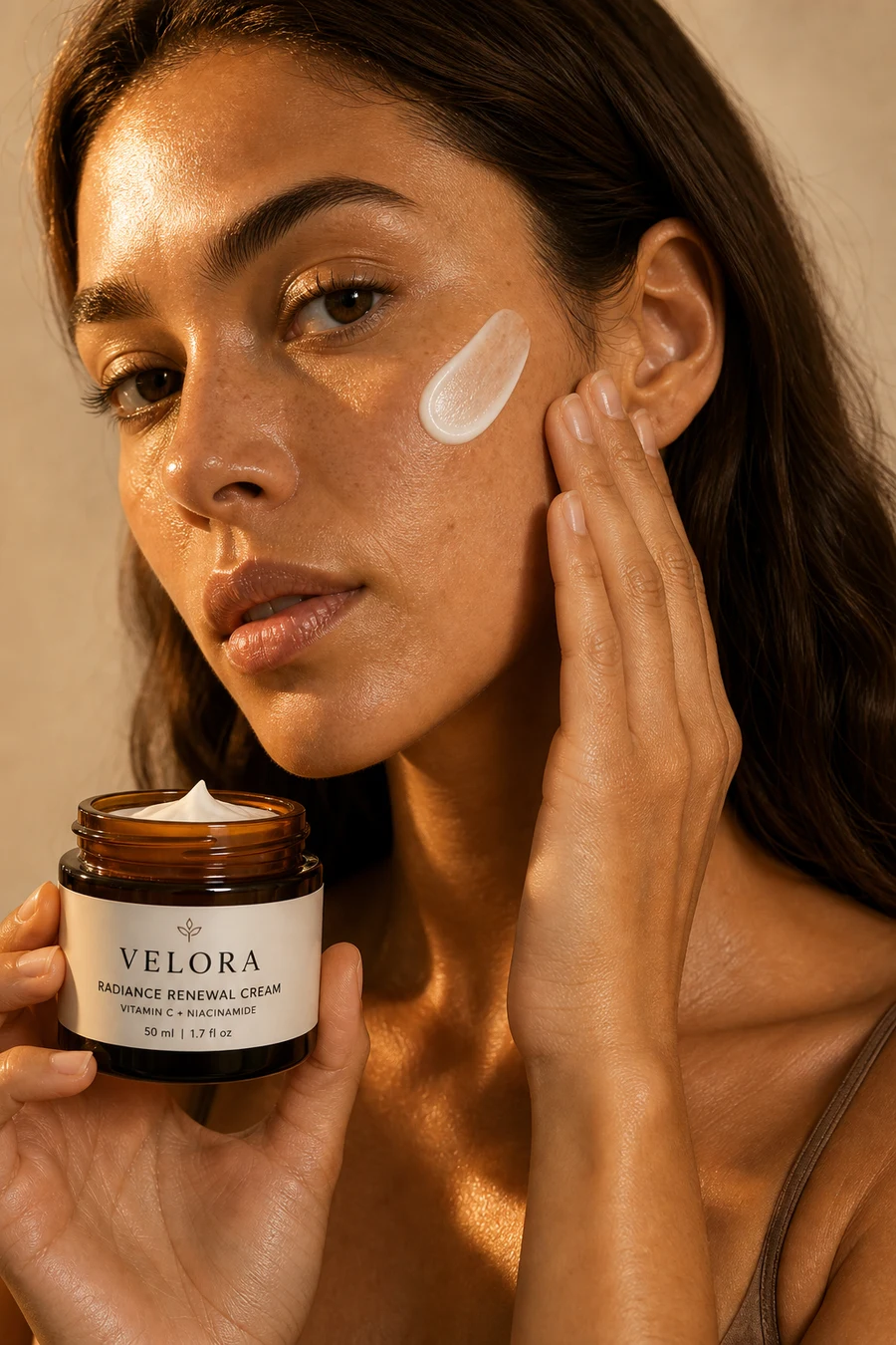 Velora skincare creative derivative with warm side lighting